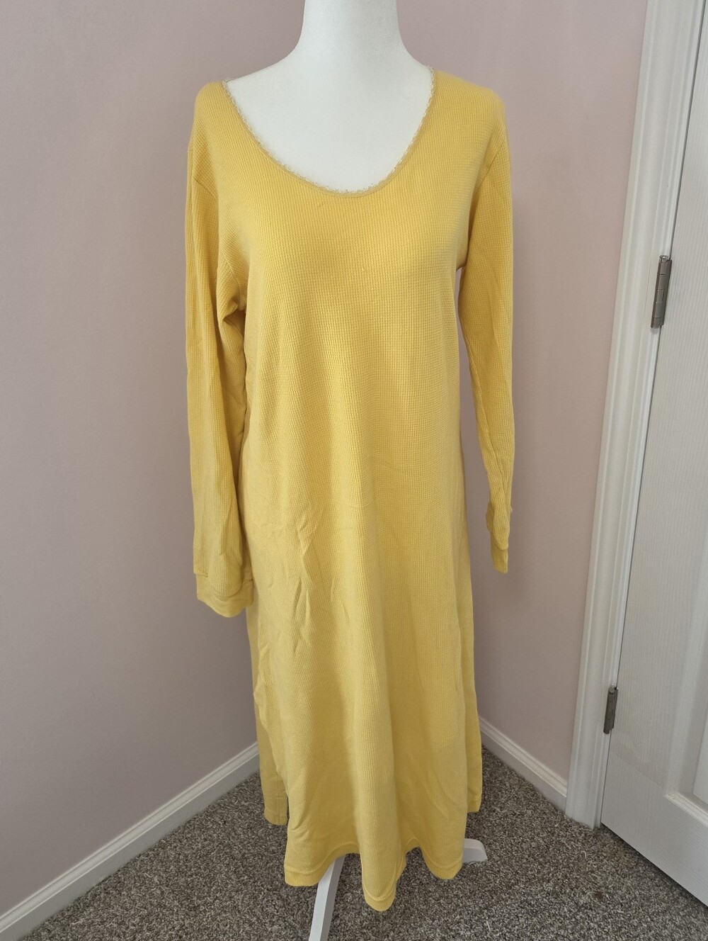 Vintage Faded Glory Yellow Waffle Knit Boho Hippie Festival Maxi Dress Large